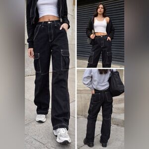 Black Cargo Wide-Leg Jeans - Women's